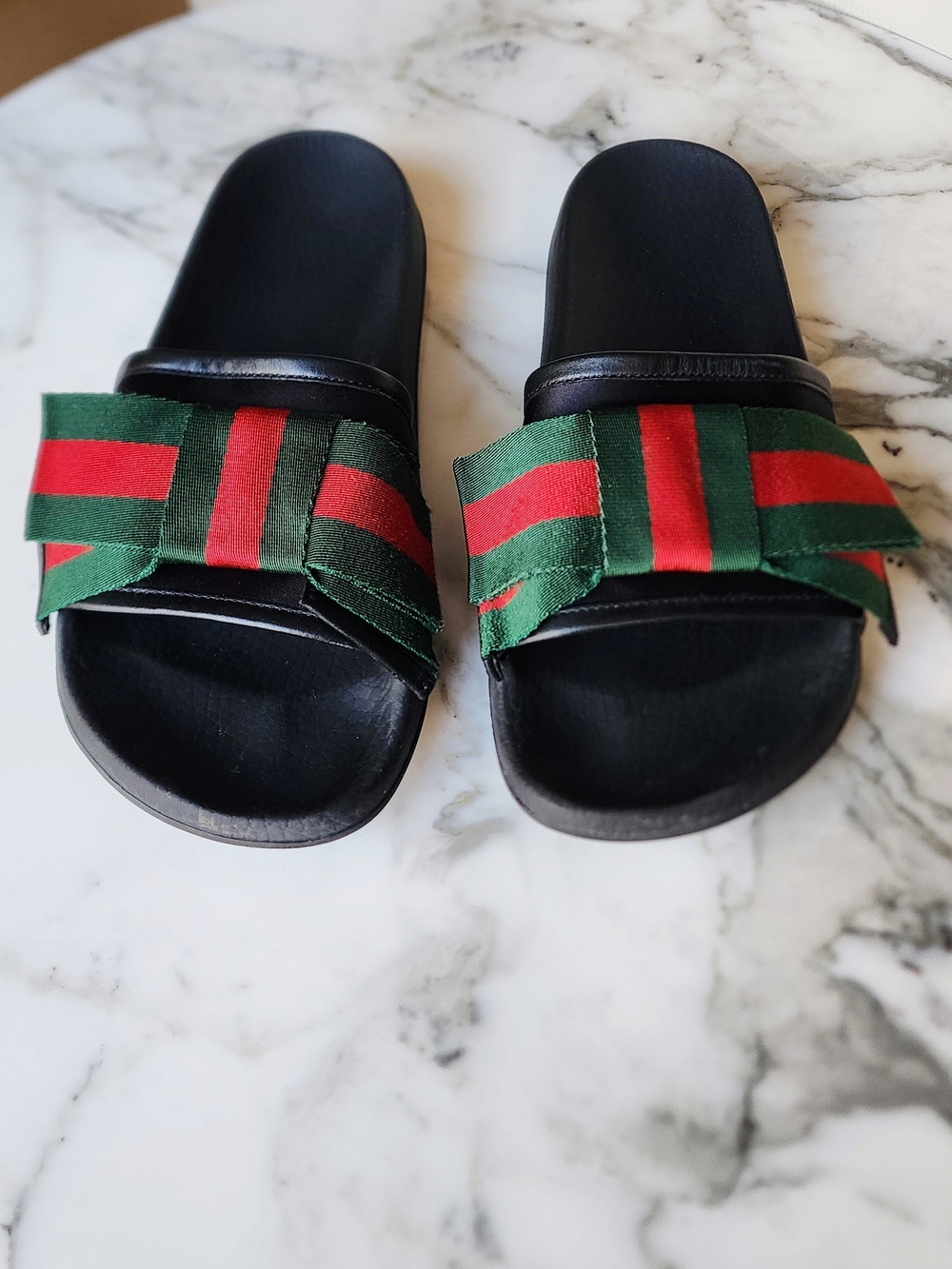 Gucci Black Slide Sandals with Green and Red Web Bow Size 37